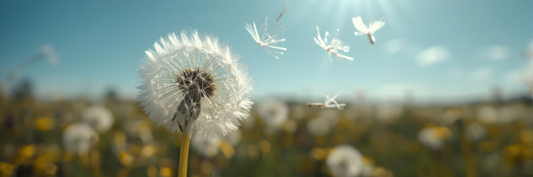 Macro shot of a dandelion seed head against a clear blue sky, capturing delicate details of the seeds. 