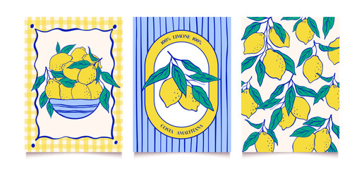 Vintage summer backgrounds with lemons and leaves. Hand drawn posters or postcards in blue and yellow. Modern summer graphic. Vector illustrations.