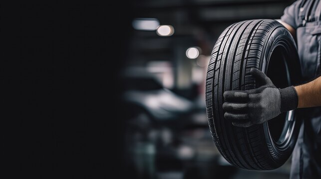 Close-Up of Auto Mechanic Holding New Car Tire &ndash; Automotive Maintenance Workshop Concept