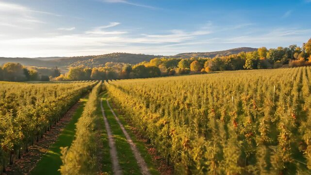 Orchard path with ripe apples on trees and ground at harvest time