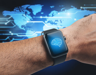 Smartwatch with brain icon on a global network