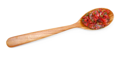 Tasty salsa sauce in spoon isolated on white, top view