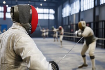 Fencers engage in a competitive practice session inside a sports facility