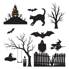 Spooky halloween silhouette collection featuring a haunted castle black cat bats witches and bare trees