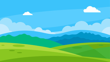 Obraz premium Vibrant cartoon landscape with rolling green hills and blue mountains under a cloudy sky