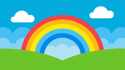 Vibrant rainbow arches over green hills under a bright blue sky with clouds