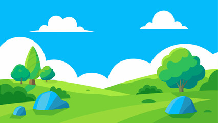 Vibrant cartoon landscape with rolling green hills and blue sky