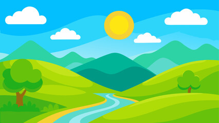 Fototapeta premium Vibrant cartoon landscape with rolling green hills a winding river and a bright sun
