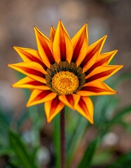 Close-up shot of a radiant flower with vibrant orange and red petals, framed by blurred foliage and a soft brown background