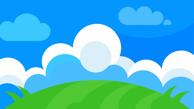 Vibrant cartoon landscape with rolling green hills and fluffy blue sky clouds