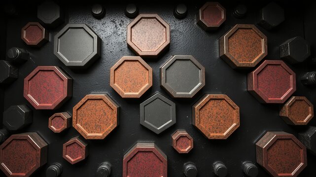 A patterned arrangement of three dimensional octagonal shapes and hexagonal shapes in various sizes are on display against a flat dark background surface.