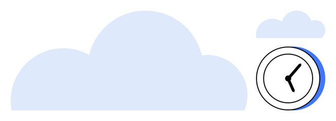 Large soft cloud and smaller cloud beside minimal clock symbolizing cloud storage, time management, scheduling, efficiency, technology, workflow, and innovation. Simple flat metaphor
