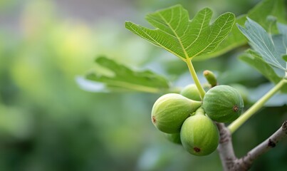 Fototapeta premium green figs and fig leaves in a garden setting, soft focus background