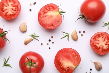 Ripe red tomatoes, peppercorns, garlic and rosemary on white background, flat lay