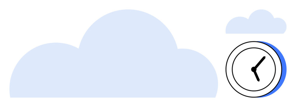 Large soft cloud and smaller cloud beside minimal clock symbolizing cloud storage, time management, scheduling, efficiency, technology, workflow, and innovation. Simple flat metaphor