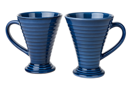 Beautiful pair of deep blue ceramic coffee mugs with a unique horizontal ribbed pattern, presented as a set of two isolated on a white background - Powered by Adobe