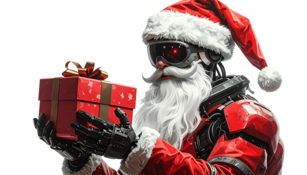 Robot Santa Claus holding gift box, isolated on transparent background, futuristic Christmas celebration concept.