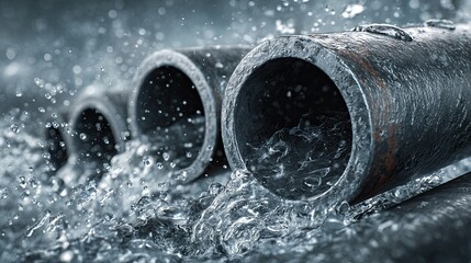 Water flows forcefully from rusty pipes, creating a dynamic scene with splashes and droplets, highlighting the relationship between plumbing and nature.