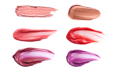 photograph of six vibrant cosmetic makeup swatches, showcasing different textures and shades of pink, nude, red, and purple lipstick or lip gloss products.