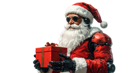 Robot Santa Claus holding gift box, isolated on transparent background, futuristic Christmas celebration concept