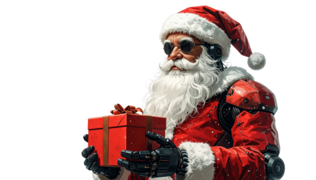 Robot Santa Claus holding gift box, isolated on transparent background, futuristic Christmas celebration concept
