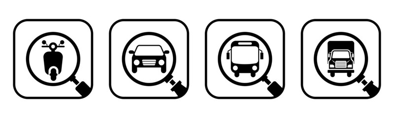 Transportation and magnifying glass icon set illustration vector. Motorcycle, Car, Bus, Truck, with magnifying glass sign and symbol.