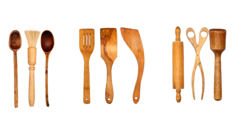 variety of classic wooden kitchen utensils and cooking tools aligned horizontally, isolated on a solid transparent background photograph.