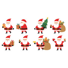 Collection of Cute Santa Claus Characters with Gifts and Christmas Tree.