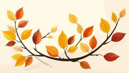 Fototapeta premium Stylized illustration of a curved tree branch with colorful fall leaves against a beige backdrop