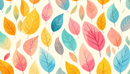 A stylized image features scattered, colorful leaves on a cream background