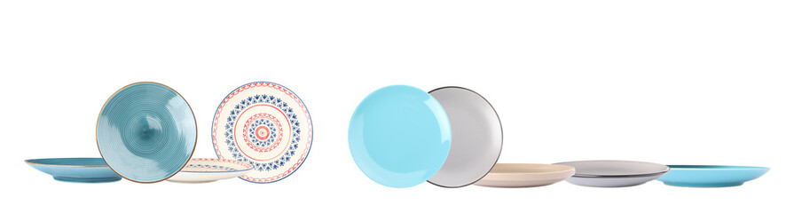 collection of colorful ceramic tableware, including patterned plates and plain bowls, displayed horizontally and isolated on a transparent background photograph.