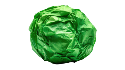 Green crumpled paper ball with textured wrinkled surface recycled material office or craft object isolated on white background