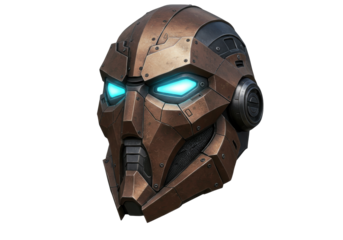 Isolated futuristic bronze helmet with glowing eyes for gaming, concept and cosplay use