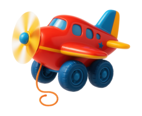 Pull-along airplane toy with spinning propellers, perfect for outdoor fun.