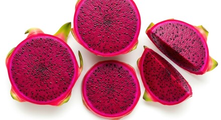 Vibrant red dragon fruit halves and slices on a white background, fresh and exotic.