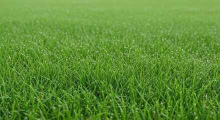 Vibrant green grass covered in sparkling morning dew drops, with a soft bokeh background.
