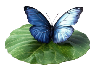 PNG A glossy blue butterfly ripples water leaf.