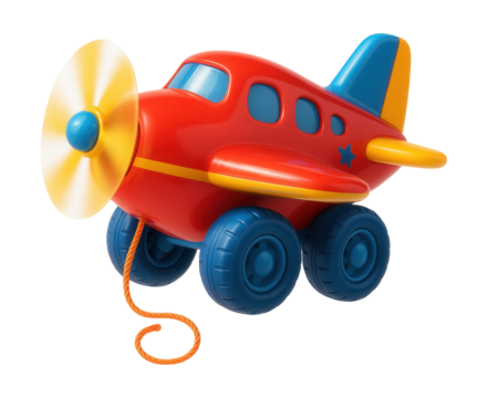 Pull-along airplane toy with spinning propellers, perfect for outdoor fun.