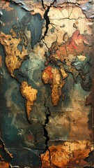 Artistic world map, cracked and textured, showcasing continents in muted colors, evoking age and exploration