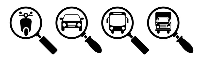Transportation and magnifying glass icon set illustration vector. Motorcycle, Car, Bus, Truck, with magnifying glass sign and symbol.