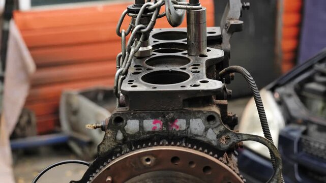 Car engine block on chain hoist undergoing repair service