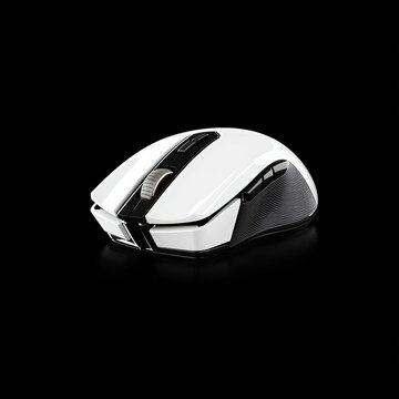 A 3D model of a modern gaming mouse on a black background,