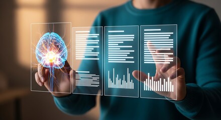 Person interacting with holographic brain and data displays