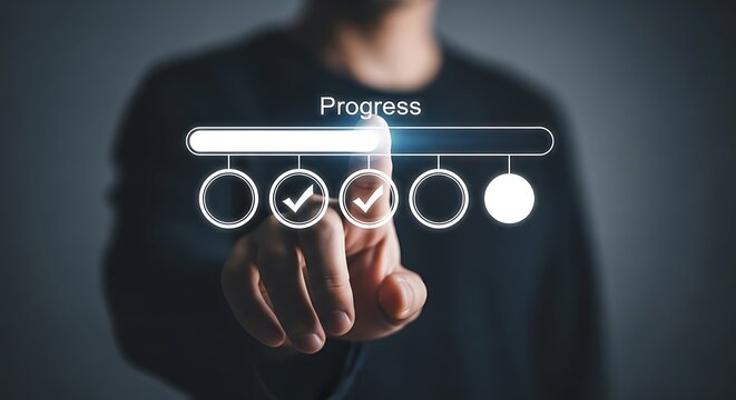 Person touching progress bar with completed tasks checklist