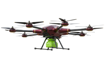 Isolated drone delivering package in green bag mid-air, modern unmanned aircraft technology