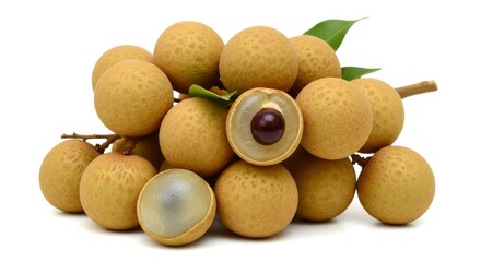 Fresh Longan fruits, some peeled to reveal translucent flesh and dark seeds, on a white background.