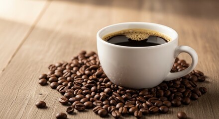 Freshly brewed black coffee in a white cup, surrounded by roasted coffee beans on a wooden table.