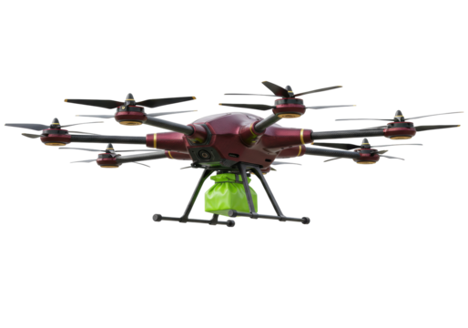 Isolated drone delivering package in green bag mid-air, modern unmanned aircraft technology