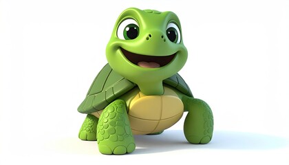 Obraz premium Happy Cartoon Turtle Character with Big Eyes and Wide Smile Isolated on White Background