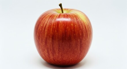 A crisp, vibrant red and yellow apple with a stem, isolated on a clean white background. Healthy ...